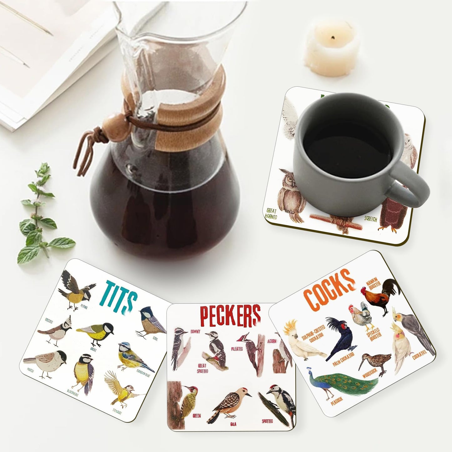 Bird Pun Coasters, Square Funny Coaster Set Coffee Coasters for Bird Lovers Kitchen Decor Housewarming Gifts (4 Pcs)