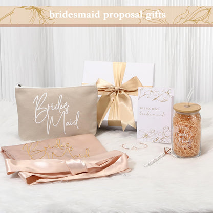 Irenare Bridesmaid Proposal Gifts Set Robes Makeup Bag Cup Cards Hair Tie Bracelet Diamond Pen Bridesmaid Gift Box(Champagne,8 Pcs)