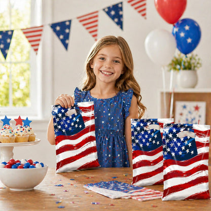 50 Pack American Flag Party Favor Bags, Patriotic Plastic Goodie Treat Gift Bags for 4th of July, Independence Day, Memorial Day, Veterans Day, USA Flag Candy Loot Bags, Patriotic Party Supplies