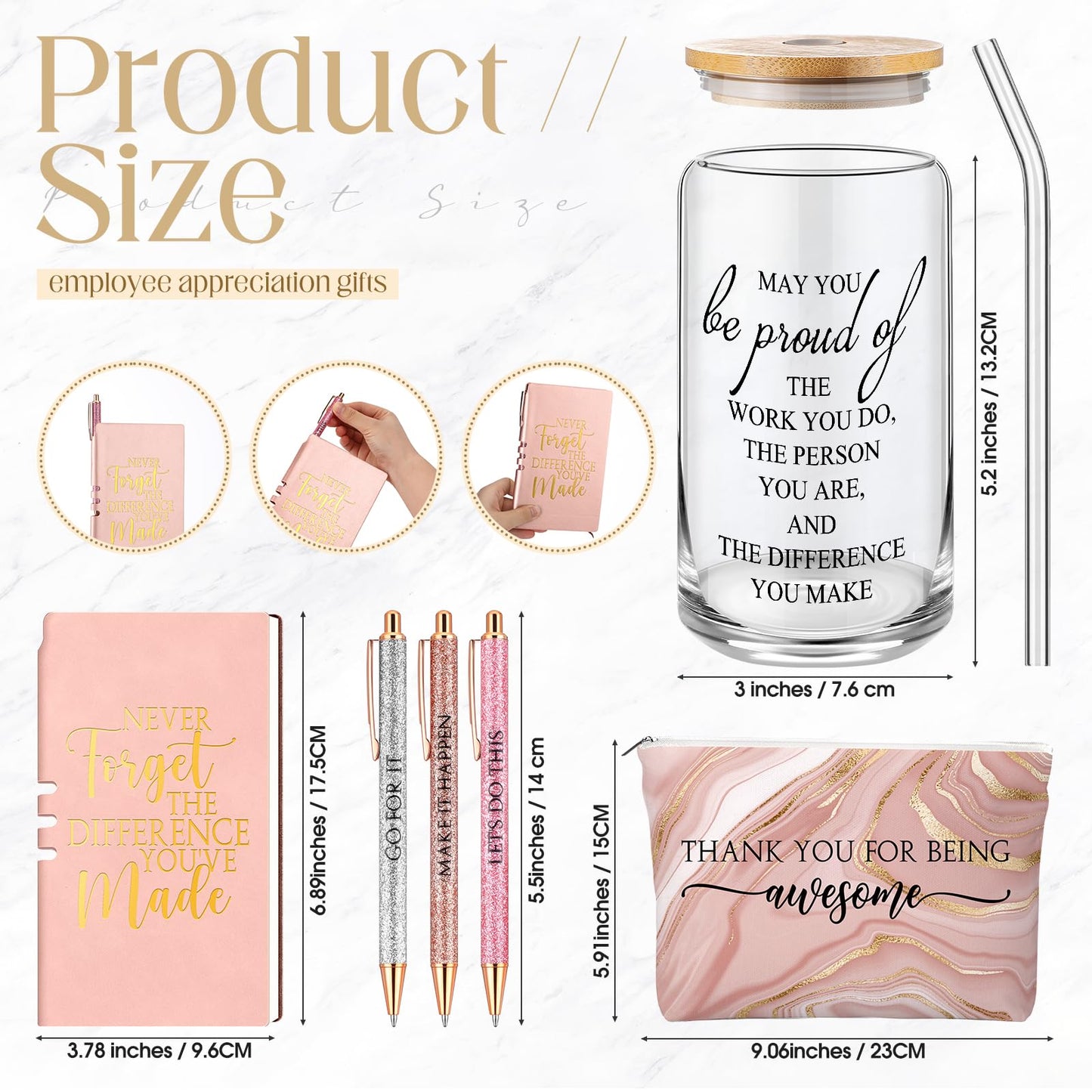 Funnymoom 6 Pcs CNA Week Gifts Bulk 2026 Nursing Assistant Appreciation Gifts for Women Difference Maker 17oz Glass Cup Makeup Bag Journal for Employee Coworker Graduation Favors(Marble,Pink)