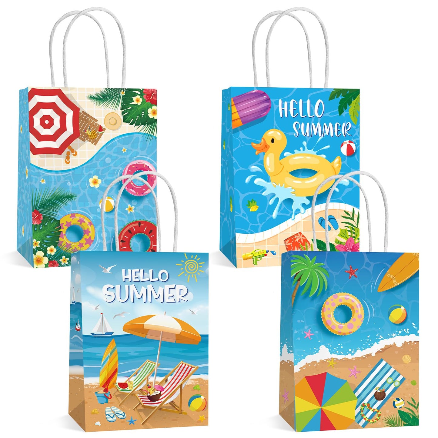 Lemicin 12 Pcs Summer Goodie Bags Pool Party Favor Bags Treat Candy Snack Bag Paper Beach Gift Bags with Handles for Hawaiian Luau Birthday Baby Shower Hello Summer Pool Holiday Party Supplies