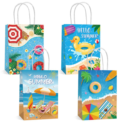 Lemicin 12 Pcs Summer Goodie Bags Pool Party Favor Bags Treat Candy Snack Bag Paper Beach Gift Bags with Handles for Hawaiian Luau Birthday Baby Shower Hello Summer Pool Holiday Party Supplies