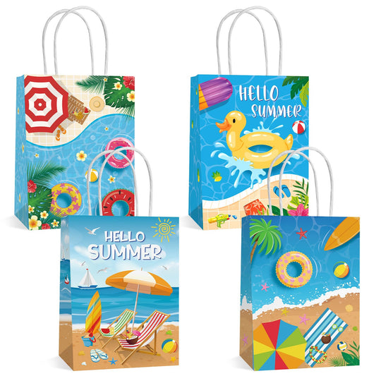 Hxezoc 12 Pieces Beach Party Gift Bags with Handle, Paper Treat Candy Bag Summer Pool Favor Bags for Hawaiian Theme Festival Luau Beach Party Decoration Supplies