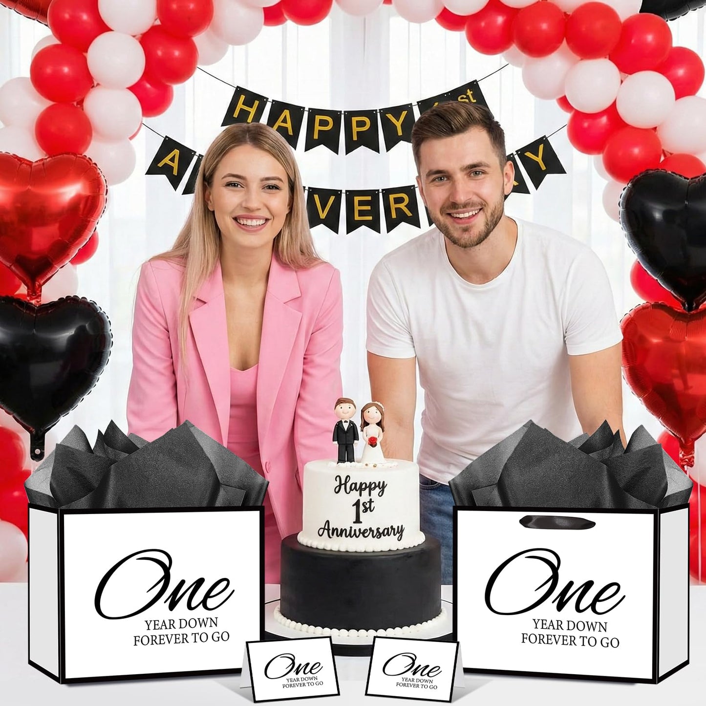TagreSpike 1st Anniversary Paper Gift Bag with Tissue Paper and Card - Large One Year Down Forever to Go Wrapping Bag - Black and White Paper Anniversary Party Supplies for Husband Wife