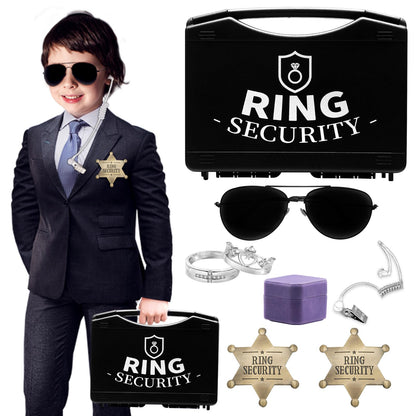 Ring Security Wedding Ring Bearer Gifts Box Set Include Ring Security Badges, Acoustic Earpiece Tube, Rings Bearer Sunglass, Wedding Rings Box with 2 Rings