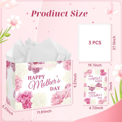 Yoirrat Mother's Day Flower Gift Bags White and Pink Happy Mother's Day Floral Gift Bags with Handle Gift Bags with Wrapping Paper Card Large Mothers Day Paper Bags Mothers Day Gifts Party Supplies