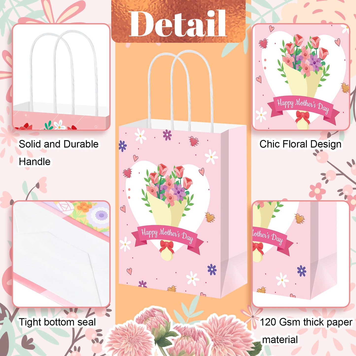 Yeaqee 100 Pcs Mother's Day Pape Gift Bags with Handles Pink Floral Treat Bags Bulk for Mother's Day Party Favors Decorations
