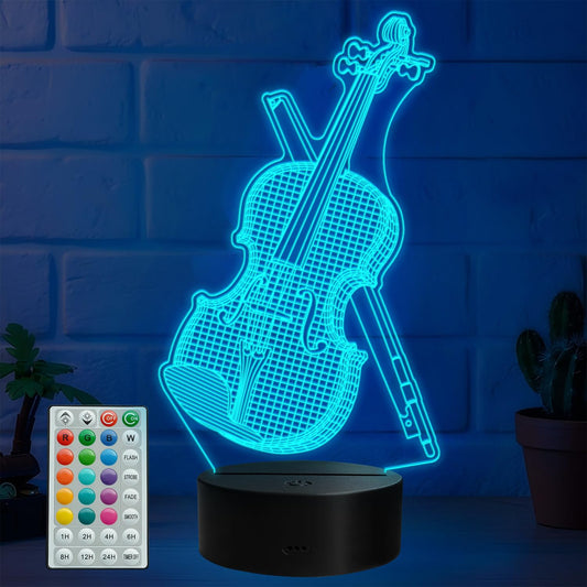 Violin Night Light, Violin Gifts, Cello 3D Illusion Lamp with Remote Control, 16 RGB Colors, 4 Flashing Modes, Timer, Dimmable, Kids Music Room Decor