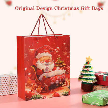 Rusikia 12 Christmas Gift Bags with 12 Tissues and 1 Satin Ribbon, Red Party Favor Bags Bulk with Handles, Glittery Cute Tree Father Christmas Paper Bag for Wrapping Holiday (Large 16"x12"x5")