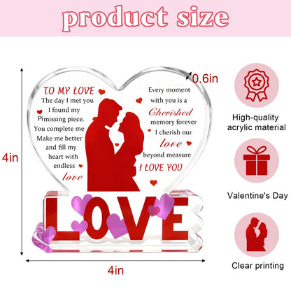 To My Love Romantic Gifts for Him/Her,Heart-Shaped Acrylic Engraved Plaque Sign Home Bedroom Kitchen Office Desk Shelf Decor 4*4*0.6Inch for Valentine's Day Anniversary Wedding Christmas Birthday Gifts