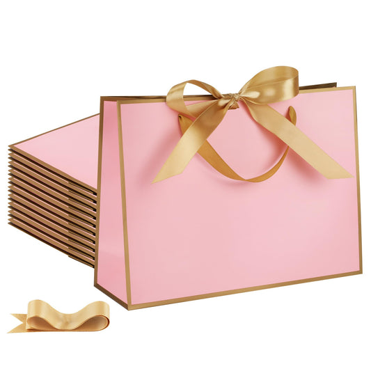 STOBOCTER 12 Pcs Thank You Gift Bags with Handles 12.6"x4"x9.1'' Welcome Bags Return Gifts with Bow Ribbon for Wedding Bridesmaid Baby Shower Graduation Housewarming Birthday Party(Pink, Gold)
