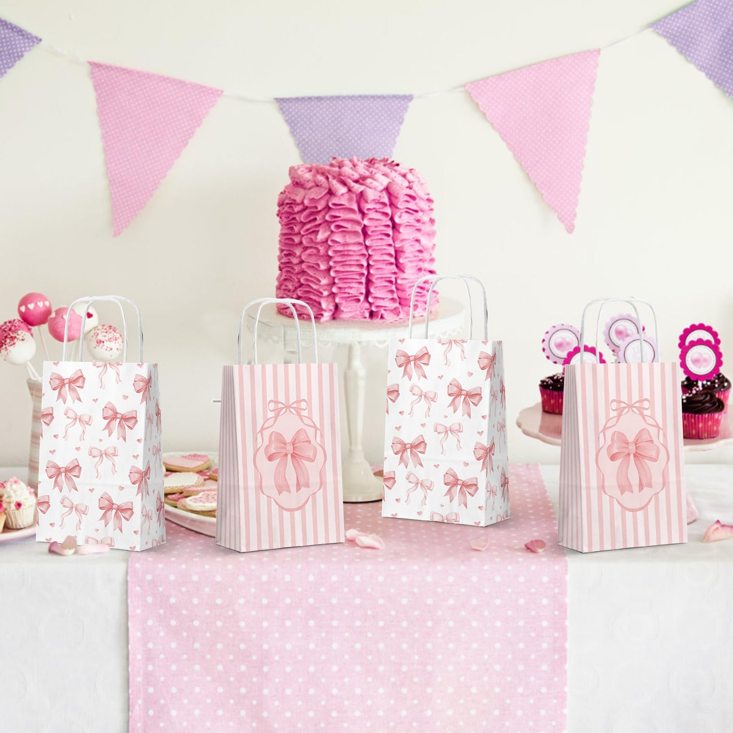 FRIDAY NIGHT 16 PCS Pink Bow Paper Gift Bags with Handle Valentine's Day Gift Bag Pink Party Favor Bag Cute Bow Goodie Candy Treat bags for Birthday Wedding Engagement