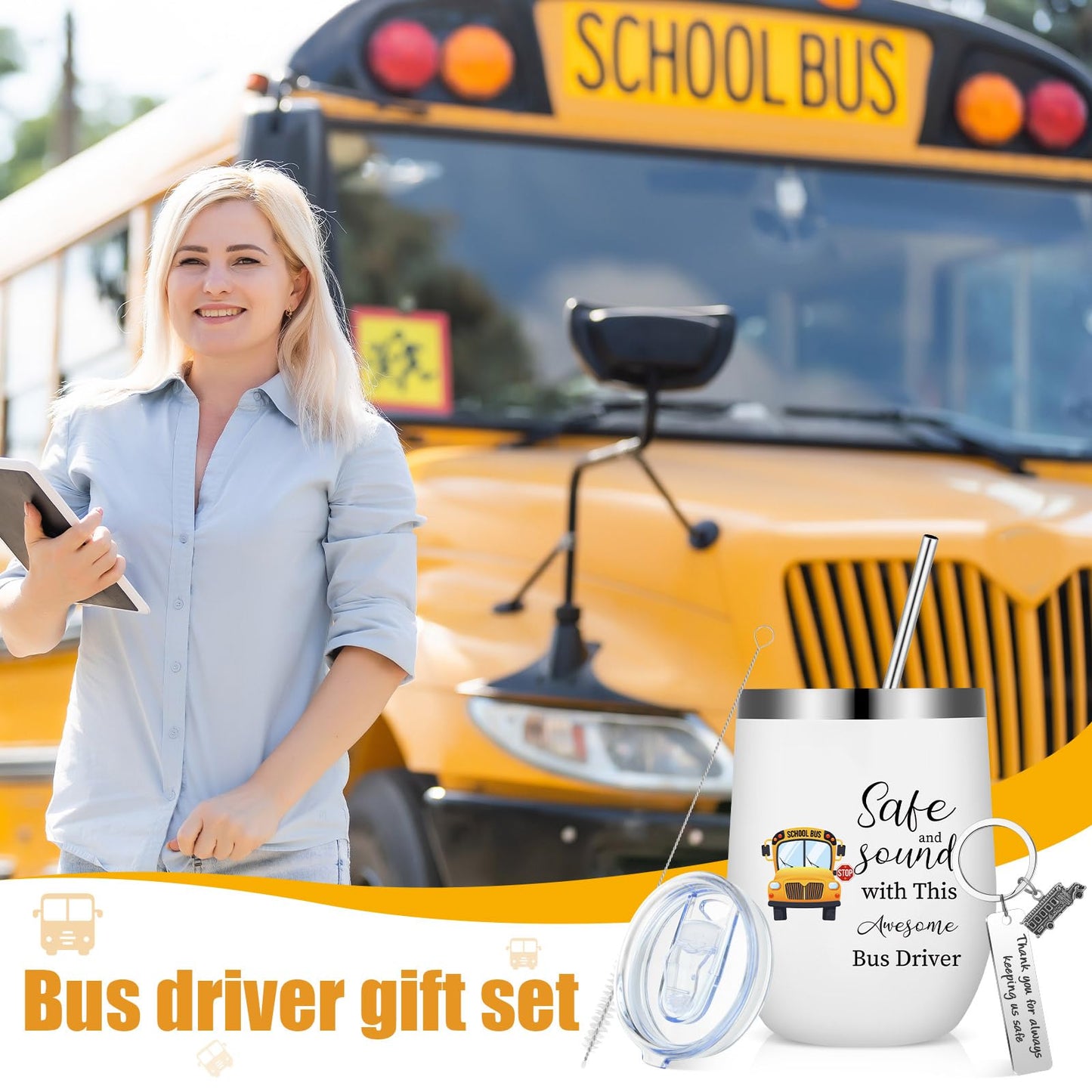 Rtteri 6 Pcs Bus Driver Appreciation Gifts for Men Women School Bus Driver Gifts 3 Stainless Steel Thank You Keychains and 3 Tumbler Cups 12 oz with Lid & Straw