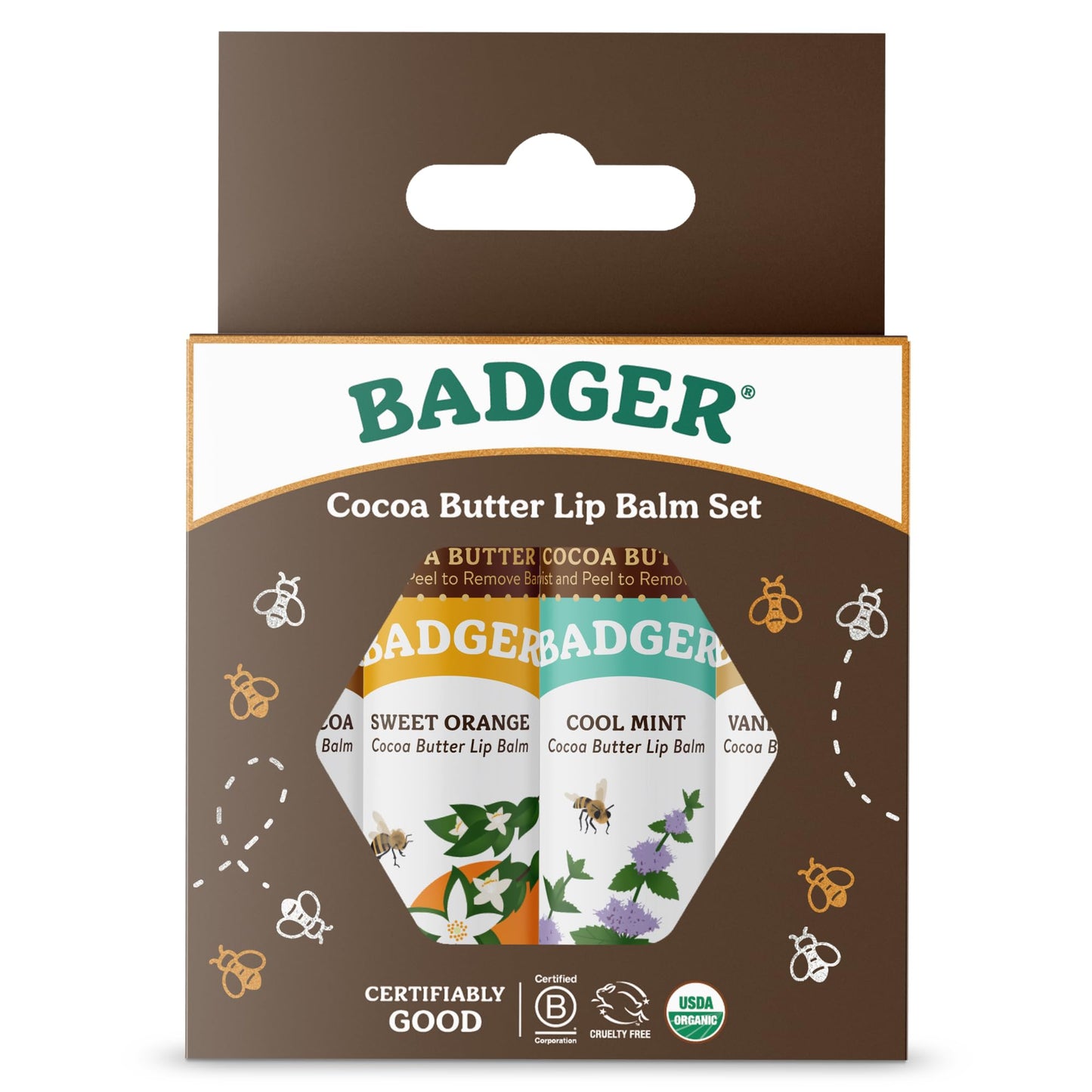 Badger Cocoa Butter Lip Balm Set, 100% Organic, Long Lasting Lip Moisturizers, Lip Care Variety Pack (Cocoa, Orange, Mint & Vanilla), All Natural Lip Balms, 4-pack