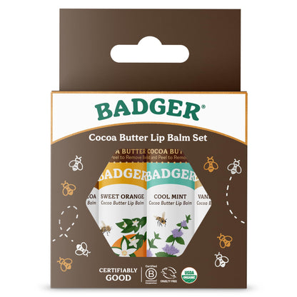 Badger Cocoa Butter Lip Balm Set, 100% Organic, Long Lasting Lip Moisturizers, Lip Care Variety Pack (Cocoa, Orange, Mint & Vanilla), All Natural Lip Balms, 4-pack