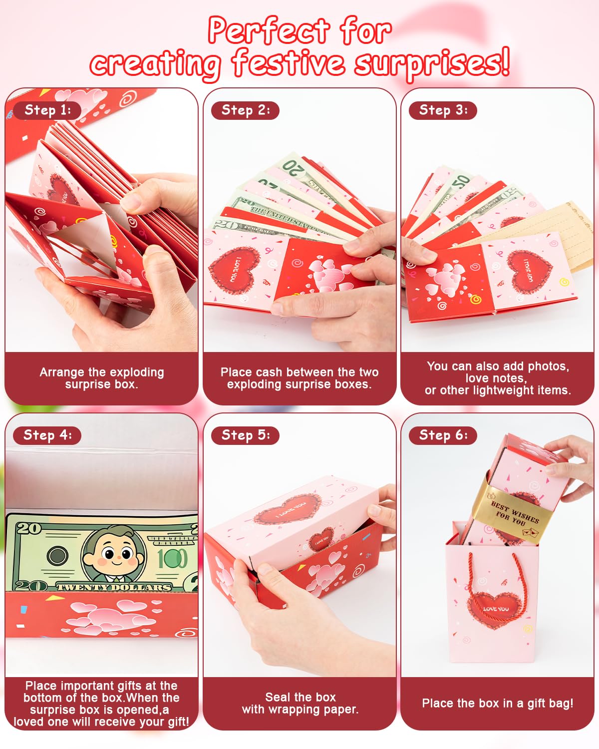 ASSRECT Exploding Gift Box Valentine's Day, Birthday Surprise Box Pop Up with 12 Money Holders, ReusableDate Gift Box for Mom Father Wife Friend Valentine's Day, Confession, Proposal, Cash, Gifts, Birthday, Party supplies (Pink)