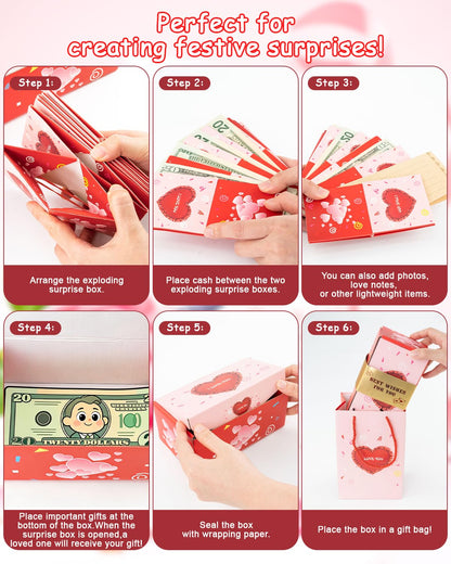 ASSRECT Exploding Gift Box Valentine's Day, Birthday Surprise Box Pop Up with 12 Money Holders, ReusableDate Gift Box for Mom Father Wife Friend Valentine's Day, Confession, Proposal, Cash, Gifts, Birthday, Party supplies (Pink)