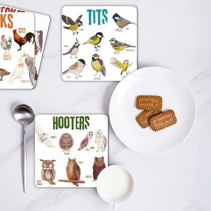 Bird Pun Coasters, Square Funny Coaster Set Coffee Coasters for Bird Lovers Kitchen Decor Housewarming Gifts (4 Pcs)
