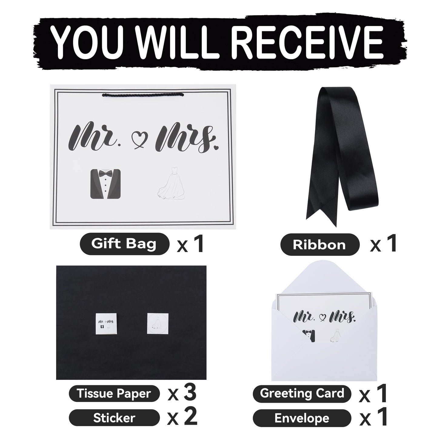 wishinside 13” Large Wedding Gift Bag Set with Handles, Greeting Card, Tissue Papers and Stickers for Bridal Shower Anniversary Engagement Newlyweds Couple, Elegant Mr. & Mrs. Design, 1 Pcs