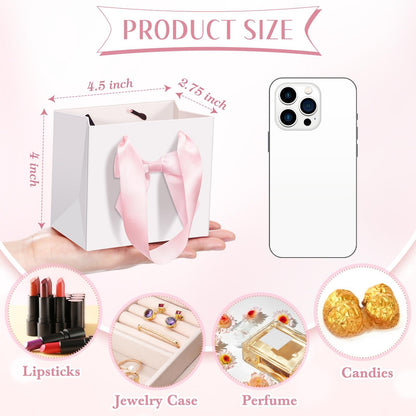 Kolldenn 50 Pcs Mini Gift Bags with Pink Bow Ribbon 4''x2.7''x4.5'' Small White Paper Thank You Goodie Gift Bags Bulk with Handle for Baby Shower Wedding Graduation Party Favor Birthday Return Guests