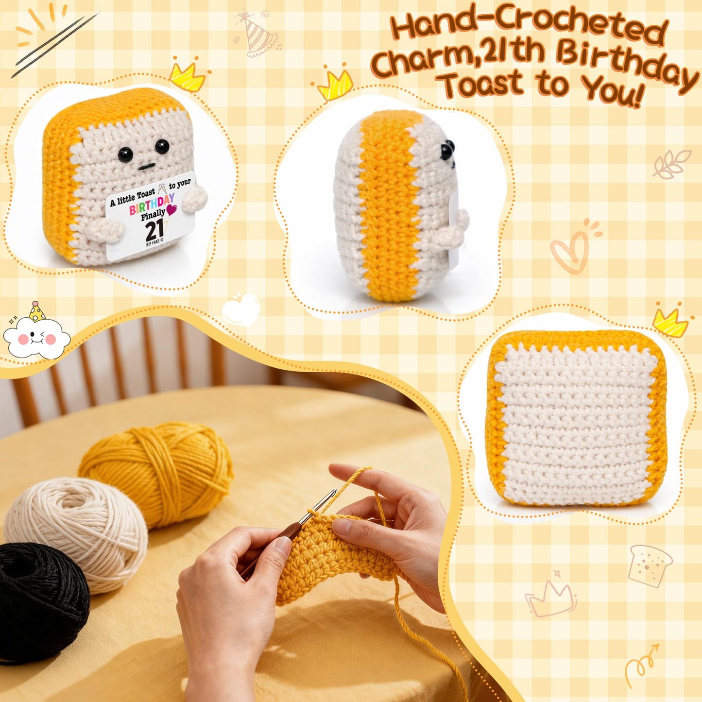 Finally 21 - Funny 21st Birthday Gift for Her Him - Crochet Toast with 'RlP Fake ID' Gag Message - Unique Adult Birthday Decor & Keepsake for Daughter, Son, Friend, Sister female Male From Mom Dad