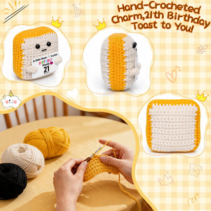 Finally 21 - Funny 21st Birthday Gift for Her Him - Crochet Toast with 'RlP Fake ID' Gag Message - Unique Adult Birthday Decor & Keepsake for Daughter, Son, Friend, Sister female Male From Mom Dad