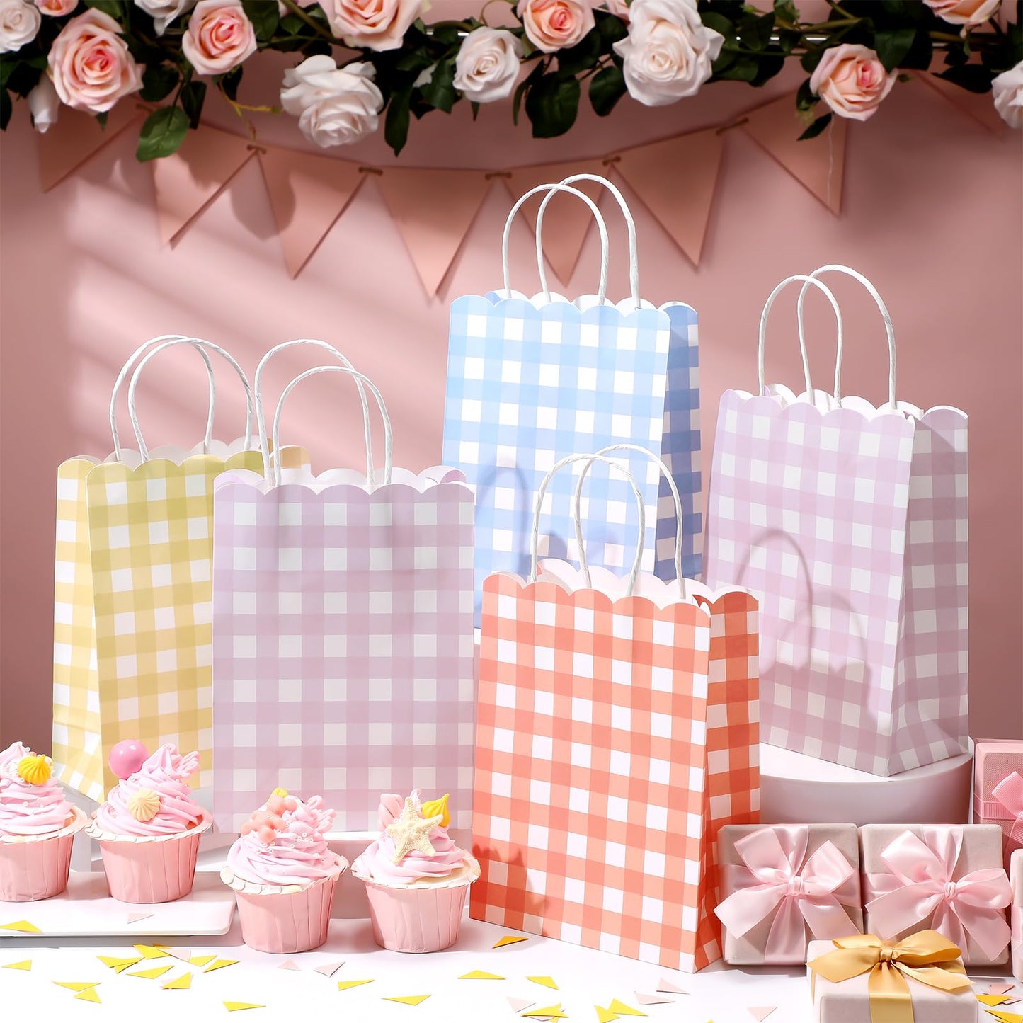 Kolldenn 24 Pcs Gingham Party Supplies Pastel Gift Bags 8.27 x 6.3 x 3.15 Inch Kraft Paper Checkered Plaid Candy Goodie Party Favors Bags for Easter Picnic BBQ Birthday Baby Shower Wedding