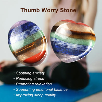 Worry Stone for Anxiety, Thumb Crystals and Healing Stones, 7 Chakra Heart Stone Healing Crystals, Meditation Accessories Stress Relief Gifts for Women Men