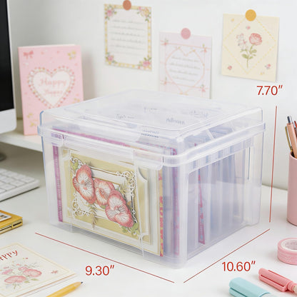 Greeting Card Storage & Organizer Box with 6 Removable Dividers for Holiday Birthday Get Well Cards Photos, Crafts, Scrapbooking(Clear)