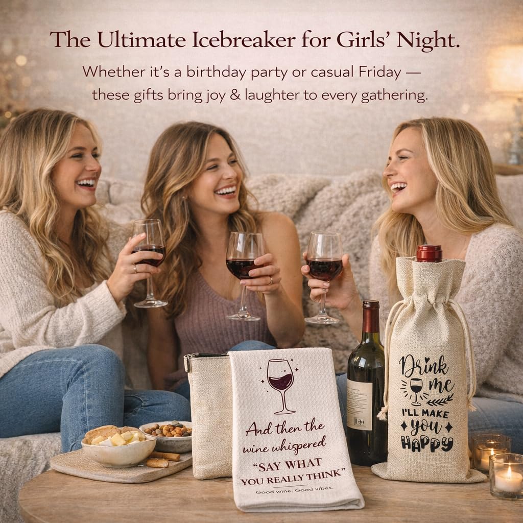 Wine Gifts for Women – 5-Piece Set with Socks, Towel, Makeup Bag & Bottle Gift Bag. Practical Birthday Present for Mom