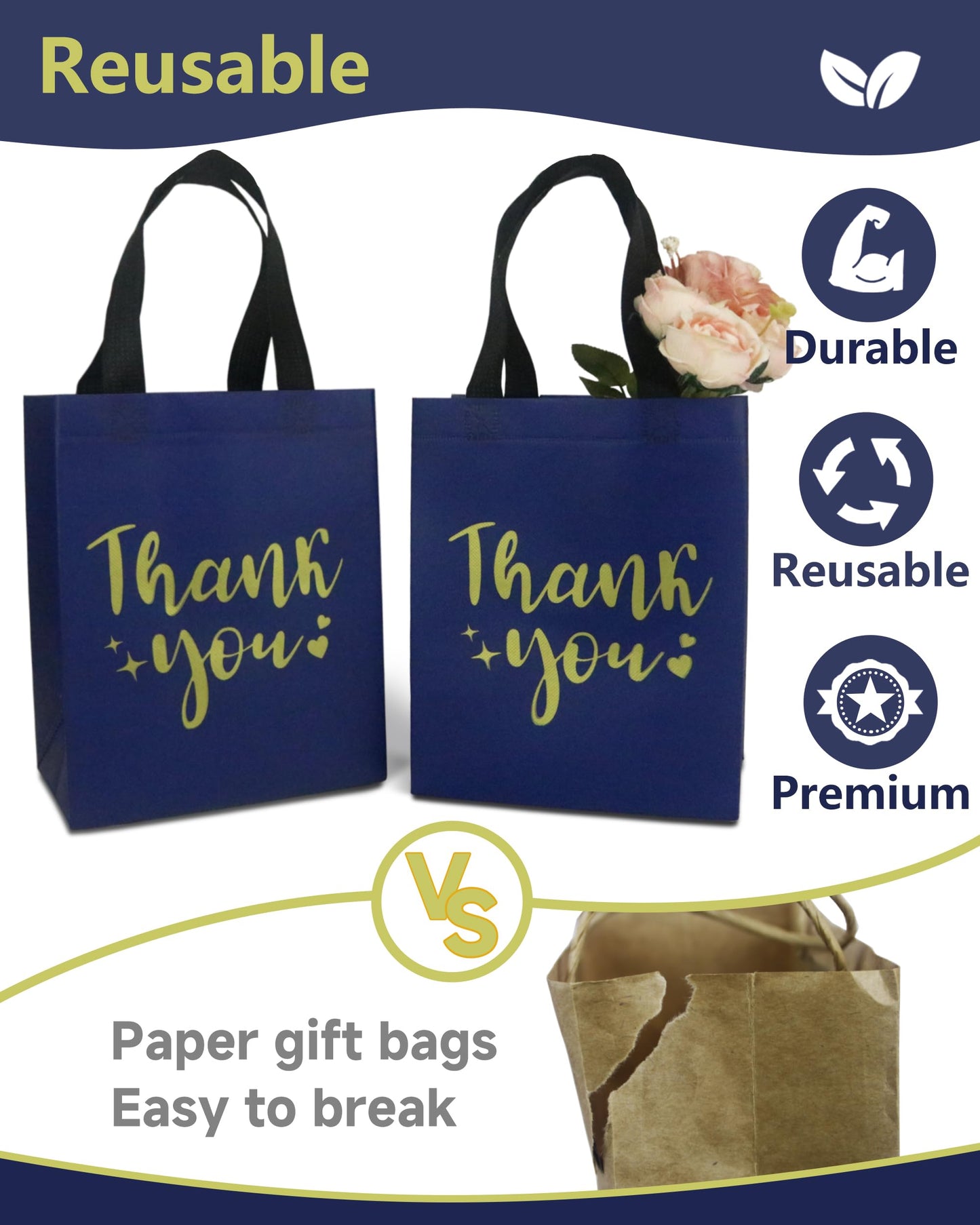 12 Navy Blue Thank You Gift Bags - Sturdy, Reusable, Medium 8x5x10 with Handles, Non-Woven for Weddings, Teachers, Father's Day, Parties, Birthdays & Graduations