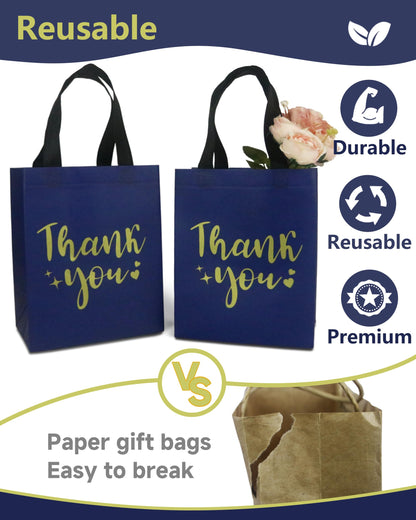 12 Navy Blue Thank You Gift Bags - Sturdy, Reusable, Medium 8x5x10 with Handles, Non-Woven for Weddings, Teachers, Father's Day, Parties, Birthdays & Graduations
