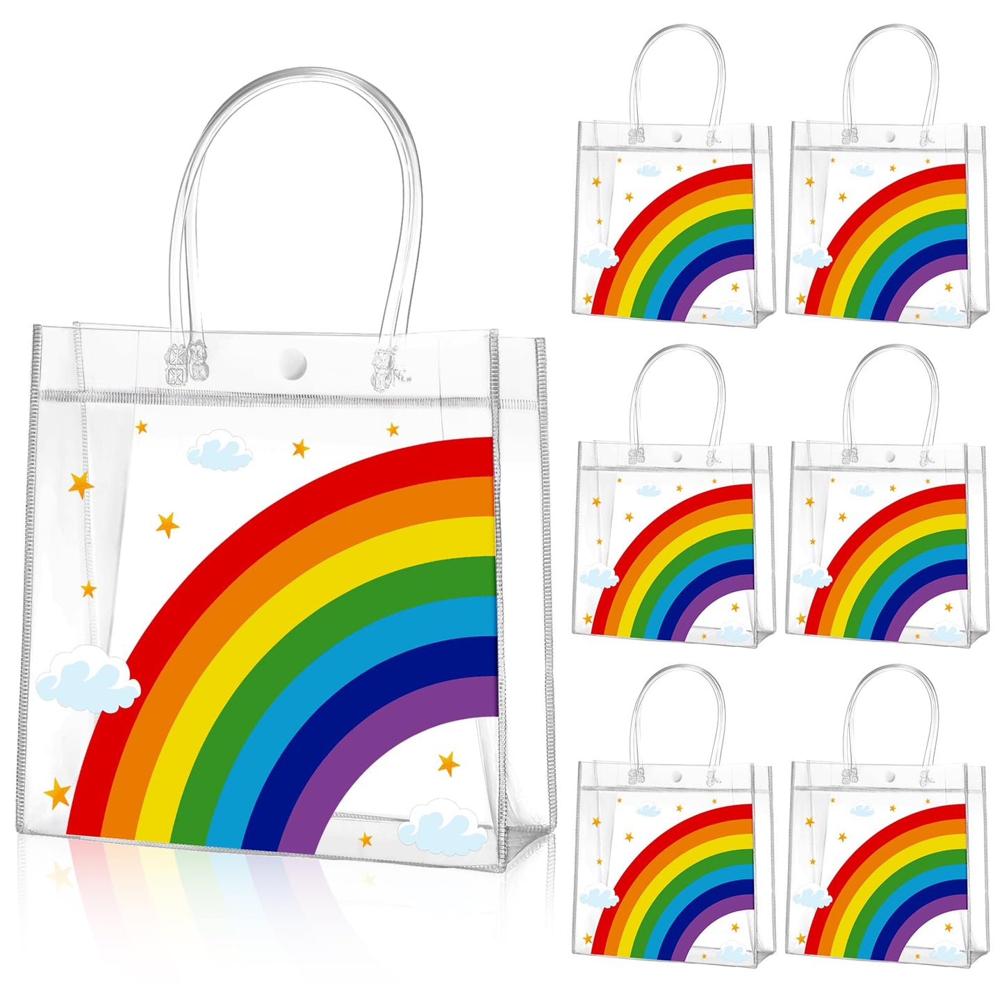 Aliceset 20 Pcs Clear Plastic Goodie Bags Party Treat Bags with Handles Rainbow Themed Favor Wrapping for Birthday Snack Candy Holiday Decoration Baby Shower Supplies, 8 x 8 x 3.15 Inch