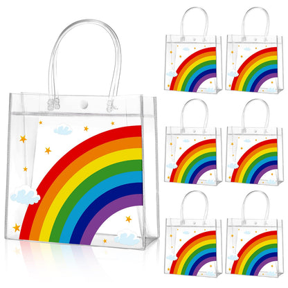 Aliceset 20 Pcs Clear Plastic Goodie Bags Party Treat Bags with Handles Rainbow Themed Favor Wrapping for Birthday Snack Candy Holiday Decoration Baby Shower Supplies, 8 x 8 x 3.15 Inch