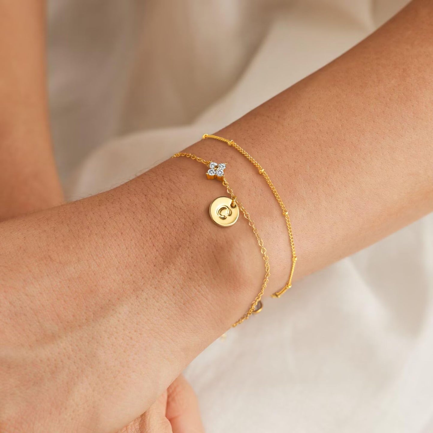 M MOOHAM Initial Bracelets for Women Gifts - Dainty Four Leaf Clover Bracelet for Women Trendy Personalized Initial Bracelet for Teen Girls Jewelry Gifts
