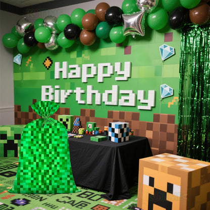Jumbo Large Plastic Gift Bag Green Pixel Party Favor Bags for Boys 56''x36'' Video Game Kids Birthday Decorations Miner Theme Christmas Party Supplies