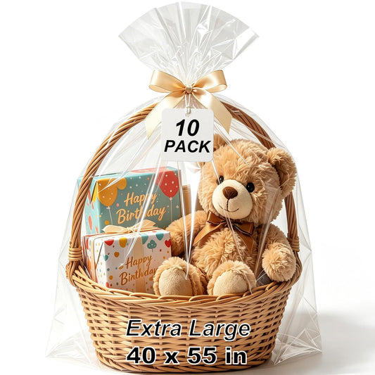SYOGUA 10 Pack Extra Large Cellophane Bags, 40 x 55 inch, 3 Mil Thicker Clear Gift Bags for Baskets Wrapping Plastic, Jumbo Huge Clear Cellophane Wrap Gift Basket Bag