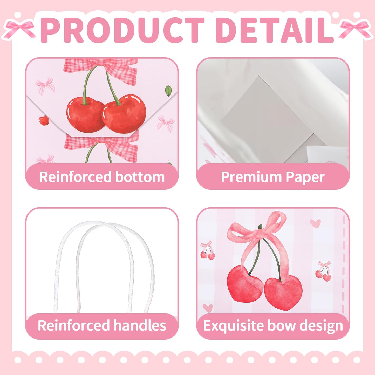 12pcs Pink Bow Gifts Bag for Women Party Favor Pouch Cherry Themed, Coquette Bow Goodie Paper Pocket with Handles, Wedding Gifts Bag Bridal Shower Birthday Party Decoration Supplies Baby Shower