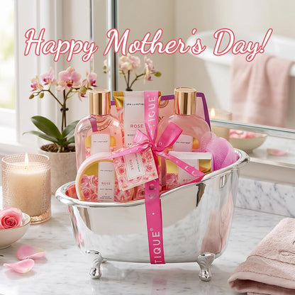 spa luxetique Gift Set For Women, Bath Sets for Women Gift, 8 Pcs Rose Spa Basket Includes Bubble Bath, Shower Gel, Body Lotion, Mom Birthday Gifts, Mother‘s Day Gifts for Her