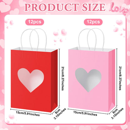 Gilprop 24 Pcs Red Pink Paper Gift Bags with Heart Clear Window & Handles, Treat Bags Bulk for Mother's Day, Galentines Party, Wedding Favor, Bridal Shower Packaging for Candy Cookies (Red Pink)