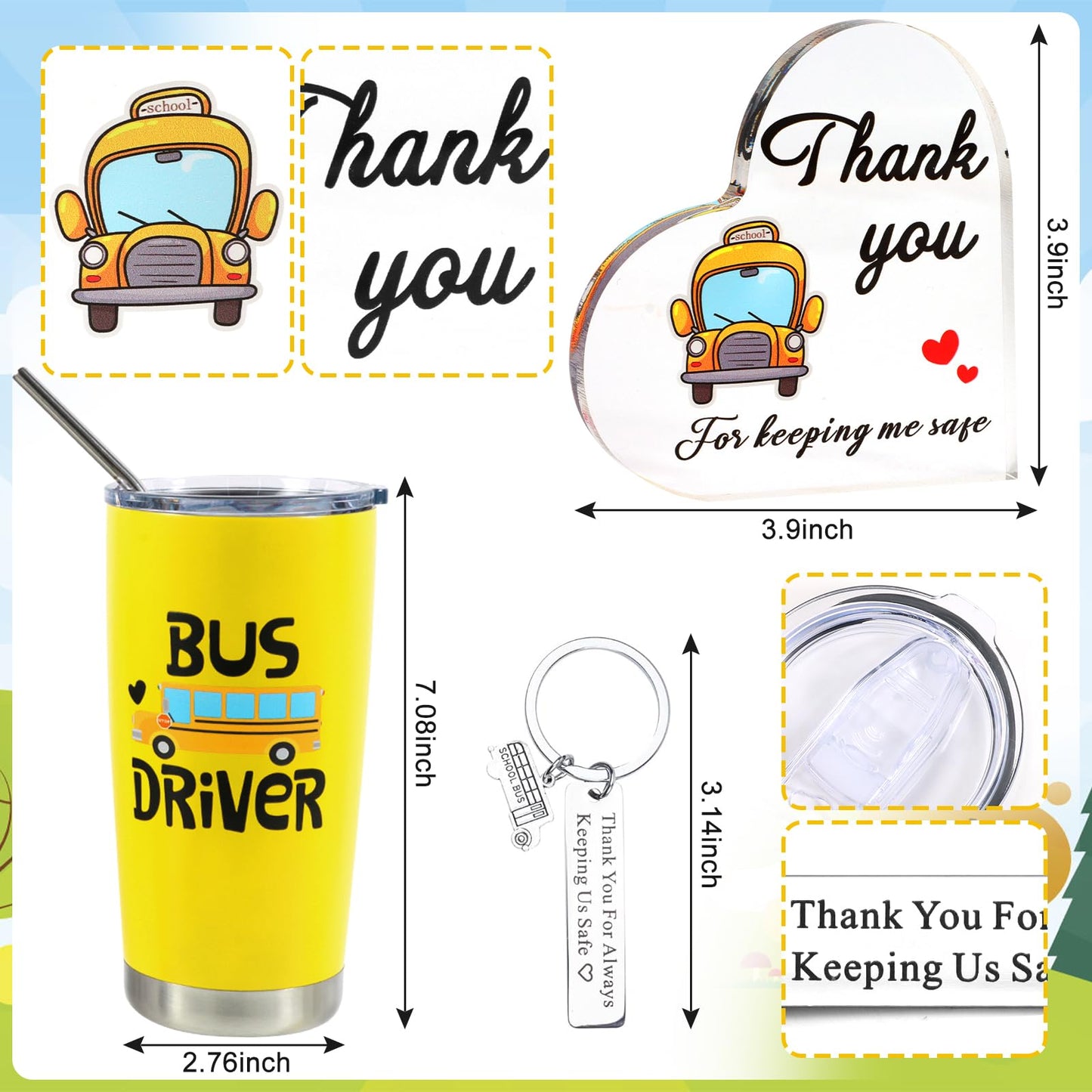9-Piece School Bus Driver Appreciation Gifts - 20oz Heart-Shaped Tumbler Cup, Acrylic Heart Thank You Gifts, Bus Driver Pot Holder, Heat Resistant Oven Pads, Silicone Spatula