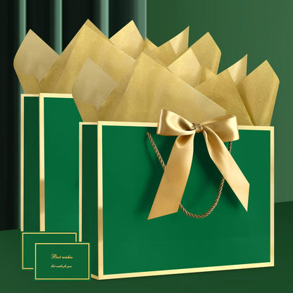 JMANNI 1PCS Gift Bag with Ribbon and 1 Greeting Card 2 Tissue Papers, Portable Paper Gift Bag with Handles for Graduation Baby Shower Wedding Fathers Day Mother's Day Birthday Party (green gold