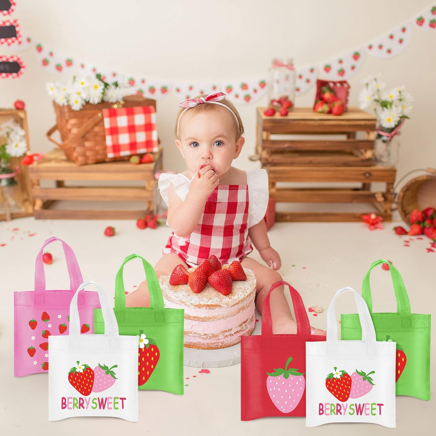 20Pcs Strawberry Party Favor Bags, Strawberry Party Decorations Strawberry Non-Woven Candy Goody Treat Bag for Strawberry Fruit Theme Baby Shower Sweet One Strawberry Birthday Wedding Snack Gifts Bags