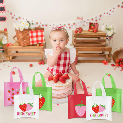 20Pcs Strawberry Party Favor Bags, Strawberry Party Decorations Strawberry Non-Woven Candy Goody Treat Bag for Strawberry Fruit Theme Baby Shower Sweet One Strawberry Birthday Wedding Snack Gifts Bags