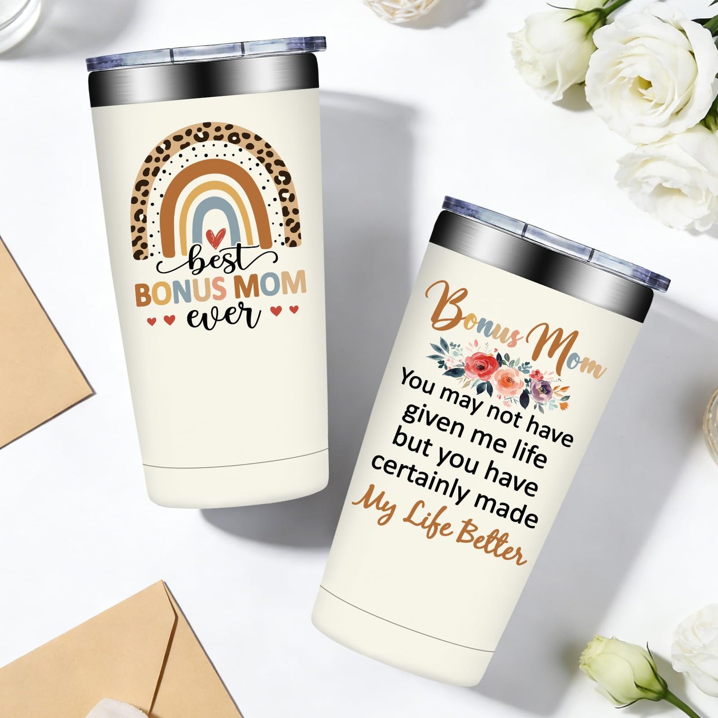 SpenMeta Bonus Mom Mothers Day Gifts - Birthday, Christmas Gift for Stepmom - 20oz Best Bonus Mom Ever Tumbler Cup