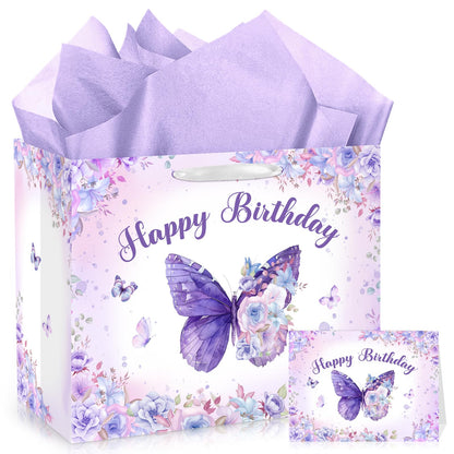 LUUFILx Butterfly Birthday Gift Bag for Girls Women Butterfly Flower Party Favor Bags with Wrapping Paper Card Purple Pink Floral Gift Bag for Baby Shower Birthday Decorations Party Supplies (Purple)