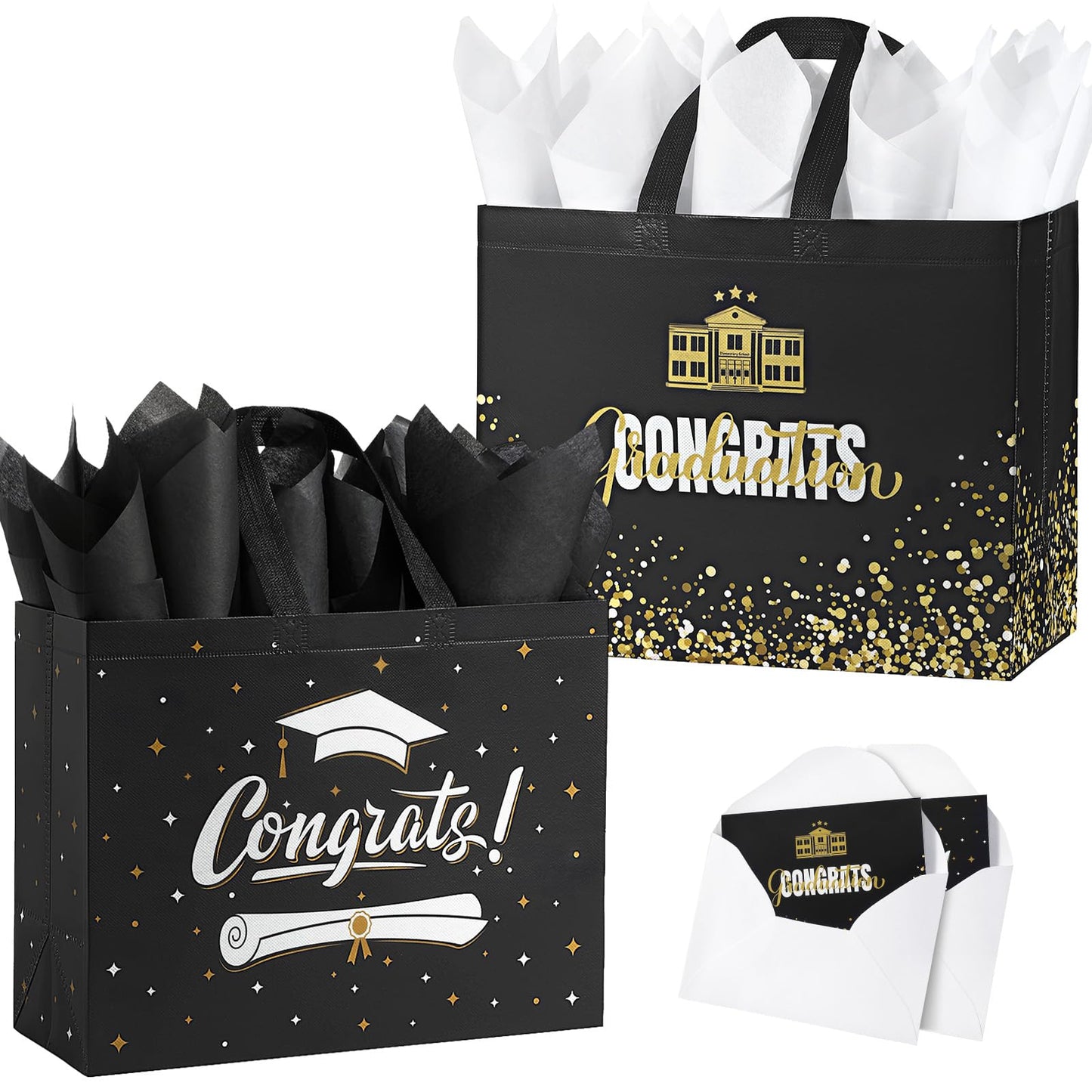 YANGTE 2 Pack 13" Large Graduation Gift Bags with Tissue Paper and Cards, Reusable Non-Woven Graduation Bags with Handle, Congrats Grad Gift Wrap Bags for High School, College