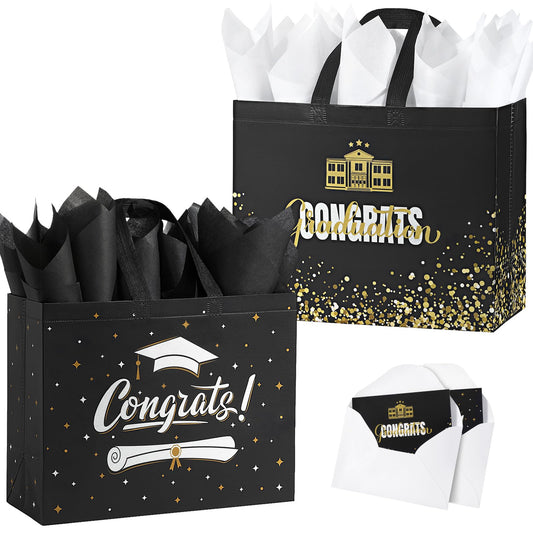 YANGTE 2 Pack 13" Large Graduation Gift Bags with Tissue Paper and Cards, Reusable Non-Woven Graduation Bags with Handle, Congrats Grad Gift Wrap Bags for High School, College