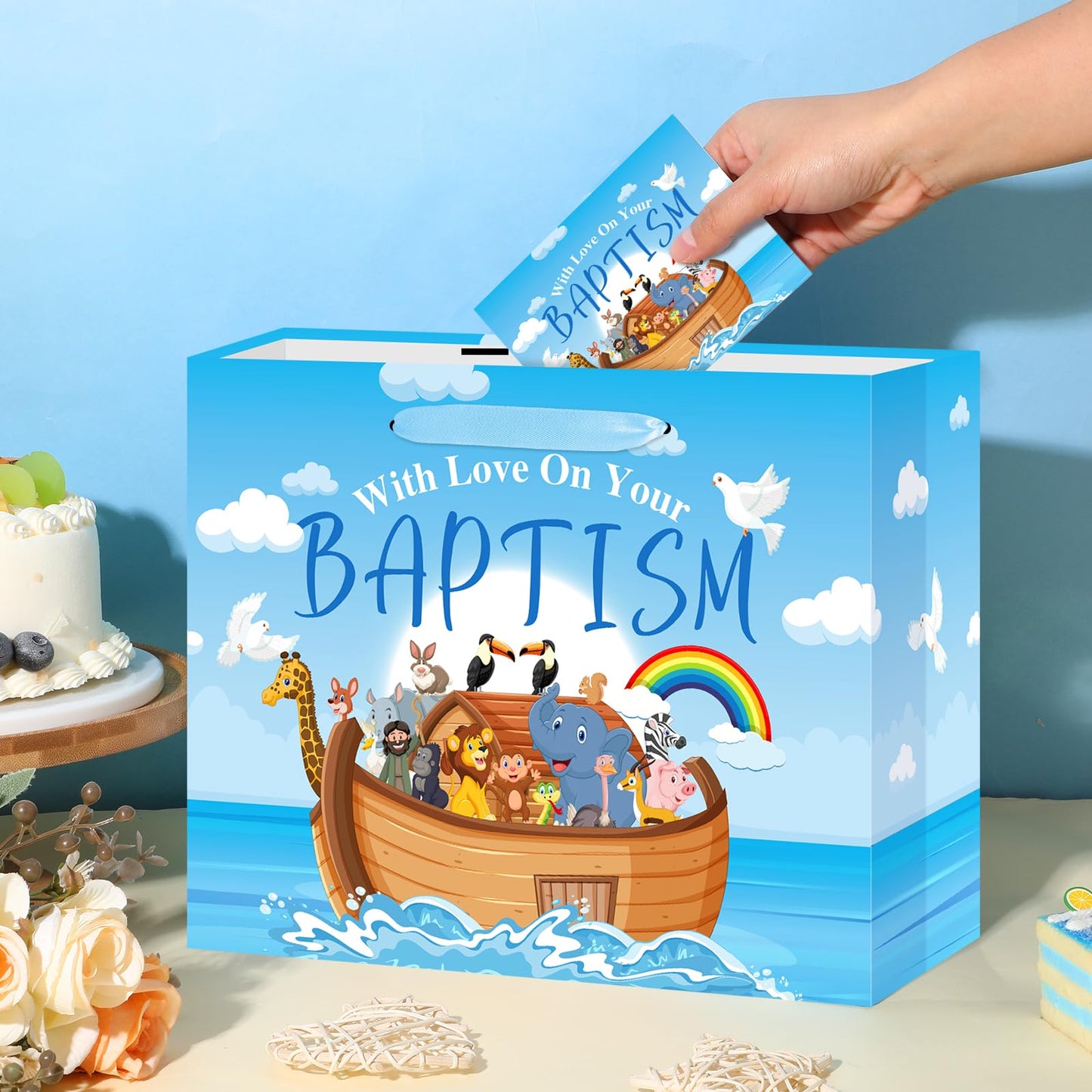 Neptniopllab Large Baptism Gift Bags for Boys,Blue Religious Christian Birthday Gift Bag with Greeting Card and Tissue Paper for Baby Boy First Communions Baptism Christenings (Baptism)