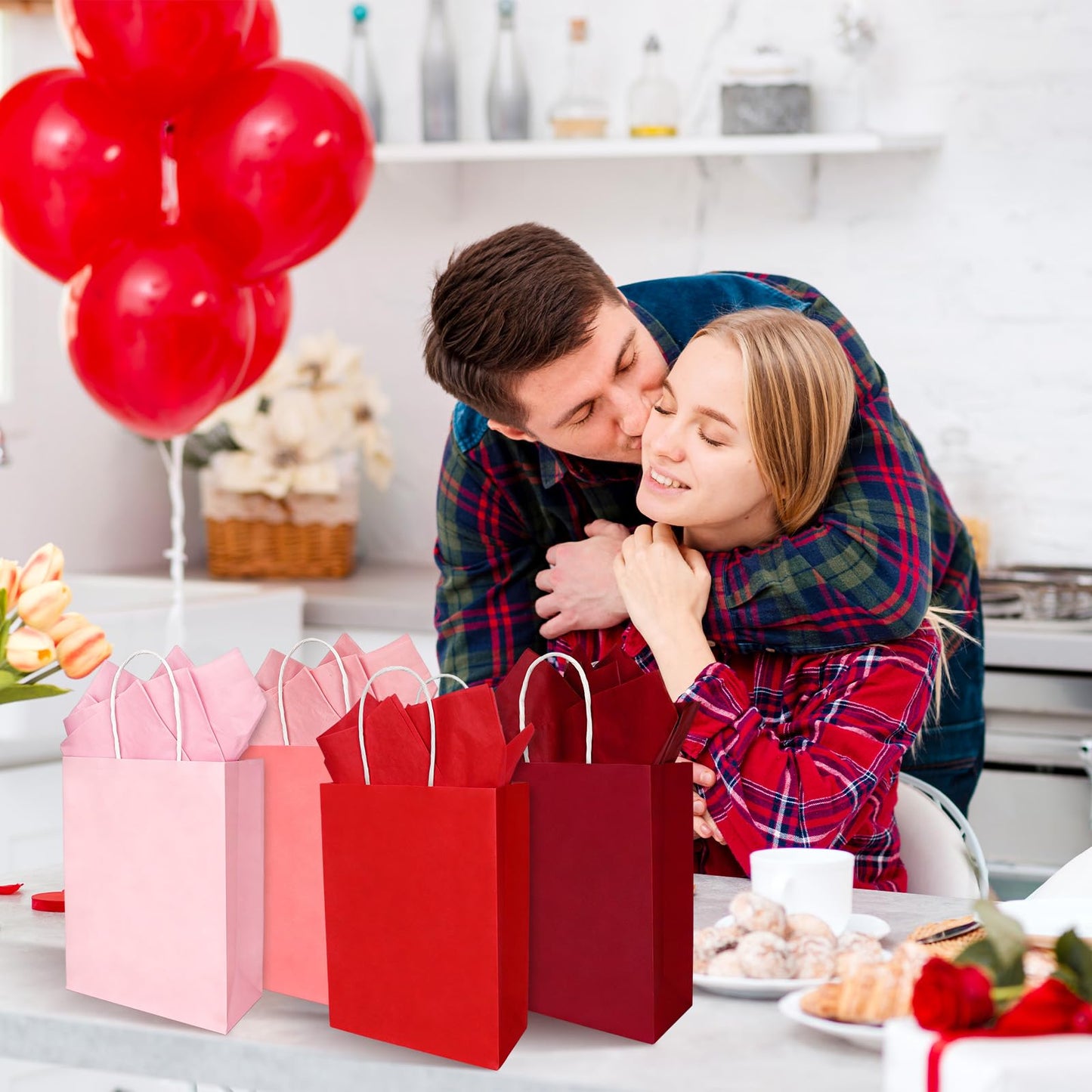 Whaline 24 Pcs Valentine's Day Gift Bags Valentines Kraft Paper Bags with Tissue Paper Gradient Red Pink Party Favor Bag Treat Goodie Bag for Anniversary Wedding Gift Giving Classroom Exchange Prizes